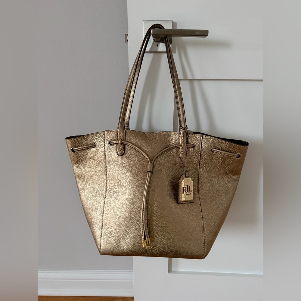 Lauren Ralph Lauren Tote Bag Purse Leather Drawstring Pewter Gold Tones